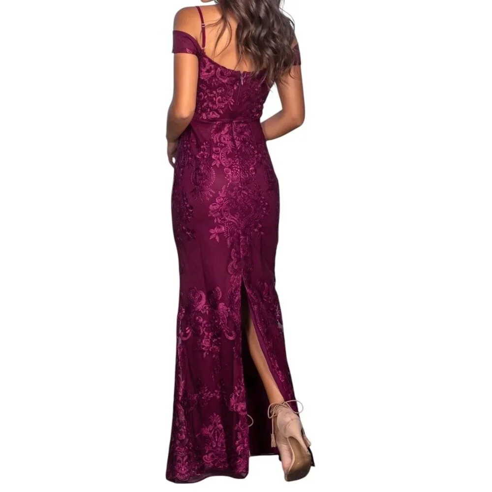 Off-Shoulder Burgundy Lace Maxi Dress - Picture 3 of 16